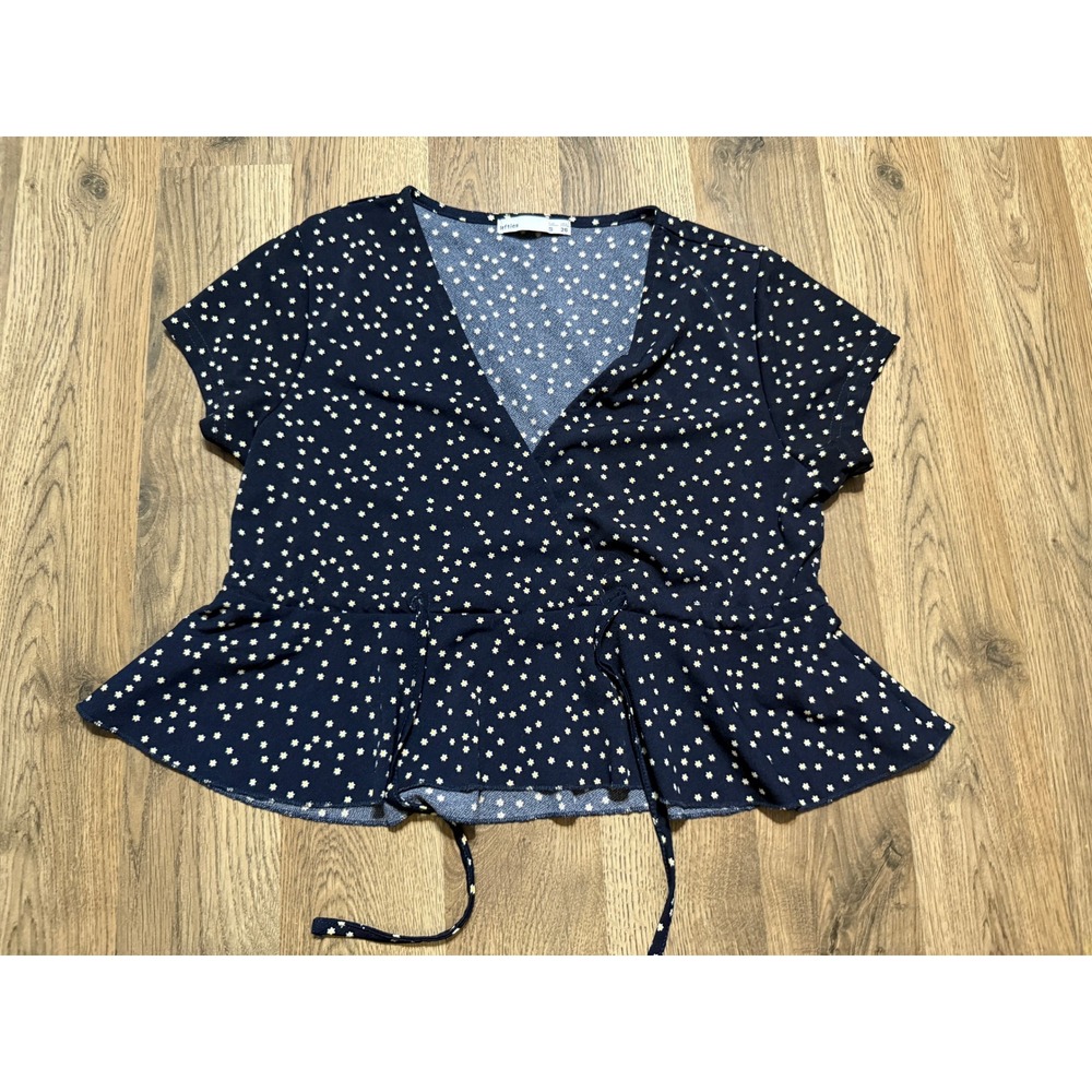 Lefties Peplum Wrap Top Womens Small Navy Blue Floral Short Sleeve Excellent